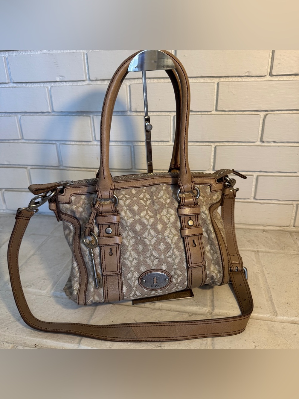 Fossil Vintage Jacquard Canvas Satchel Crossbody Bag w Leather Trim & Key Charm